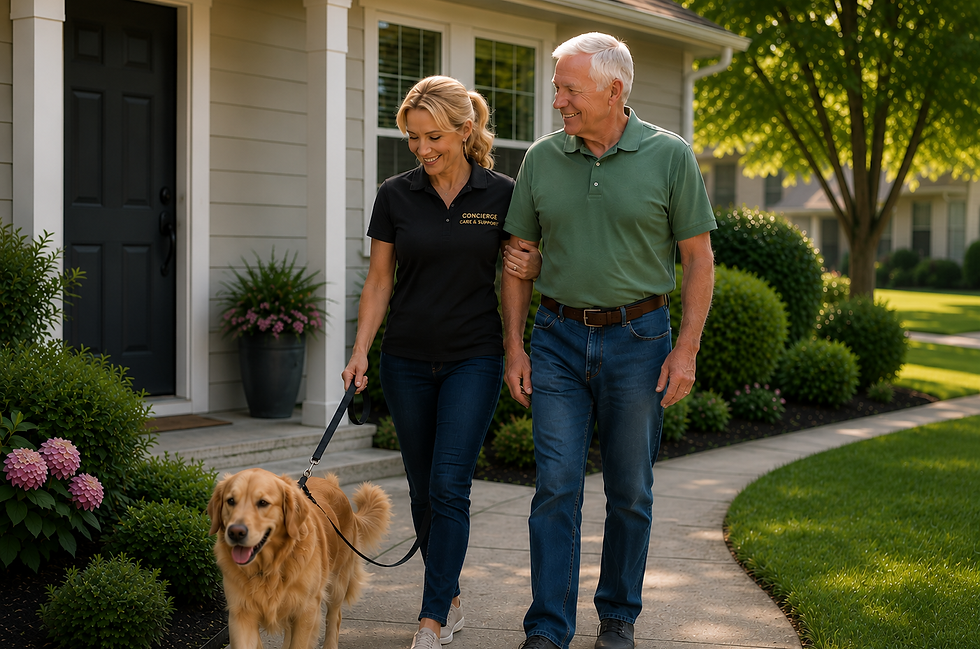 Concierge care professional supporting an older adult with companionship and daily assistance at home and walking the dog together.