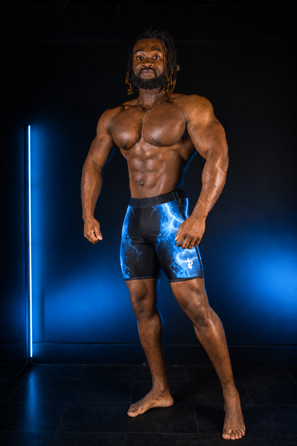 Ice Blue Lightning Mens Physique Board Shorts Front Pose