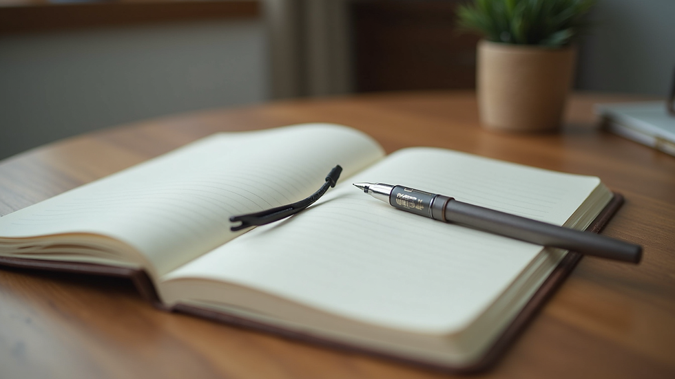 Close-up view of a journal and pen on a wooden table