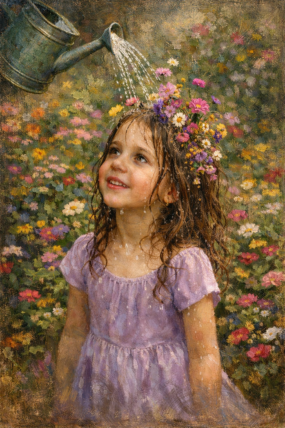 Nurturing growth and joy: A child's radiant smile blooms amidst a shower of affection and blossoms.