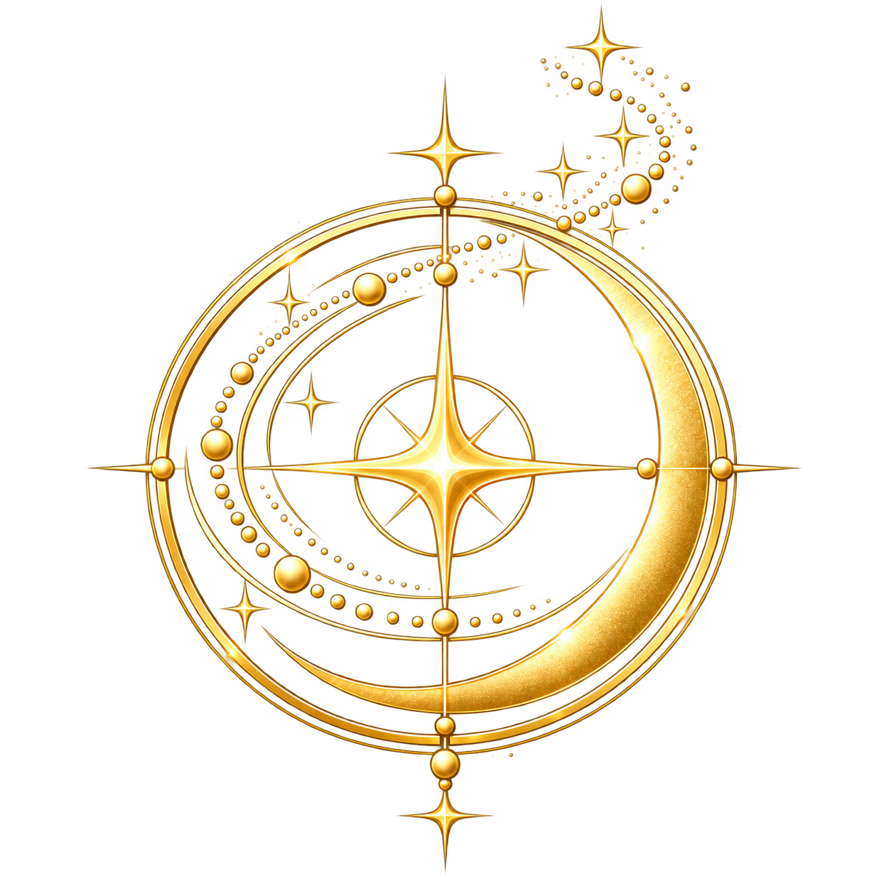 OWNWARD's approved golden celestial emblem, showing a luminous star within concentric orbital rings and a trail of stars spiralling beyond the circle