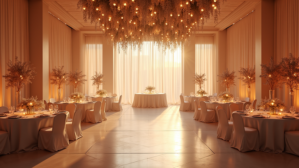 Wide angle view of a beautifully decorated event space