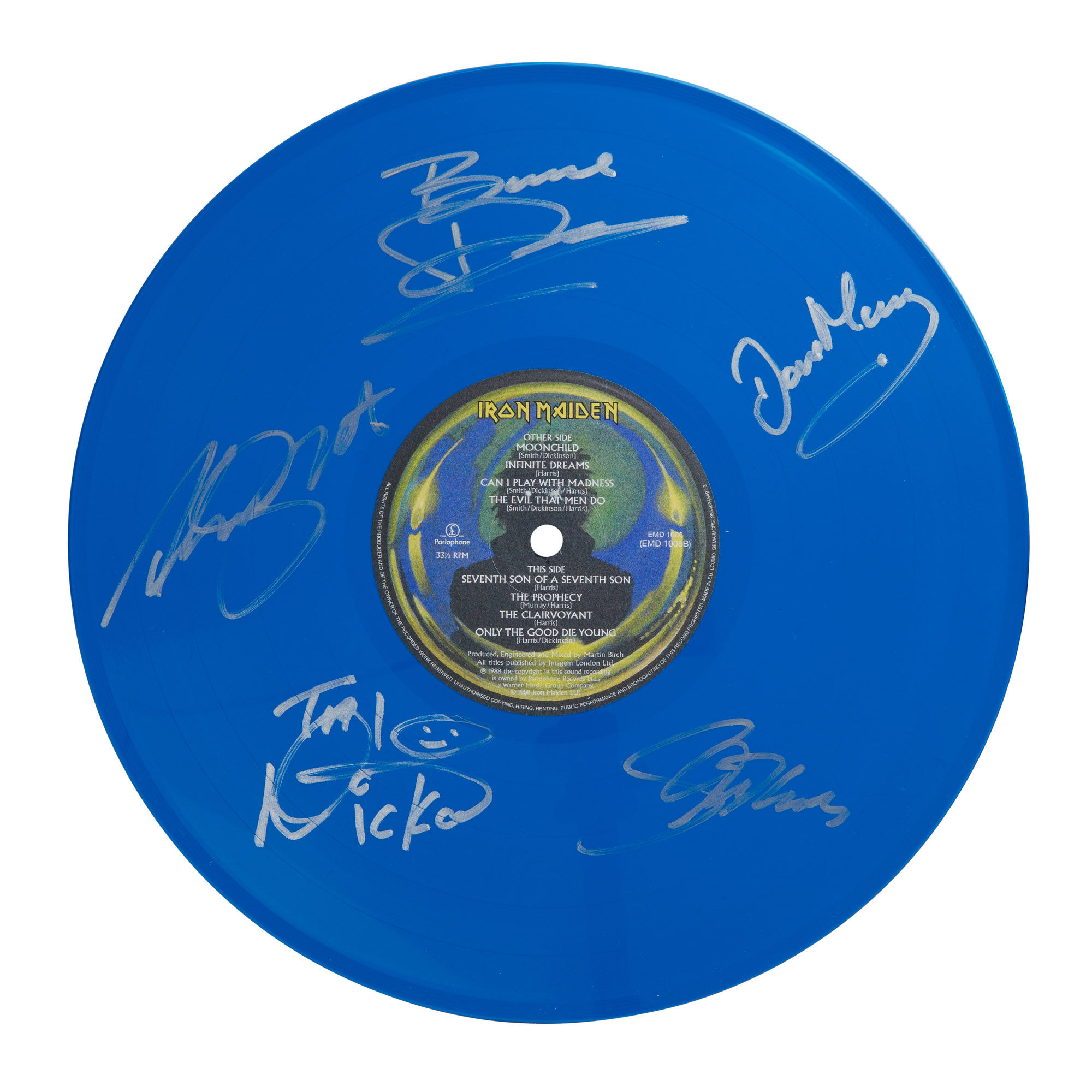 Iron Maiden Autographed Limited Edition Blue Vinyl Record