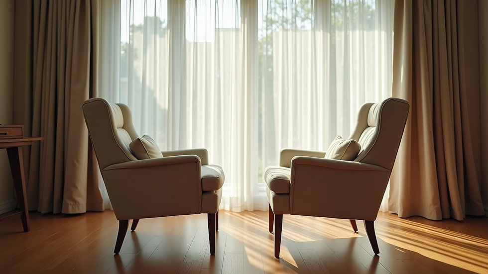 Eye-level view of a calm family room with two chairs facing each other
