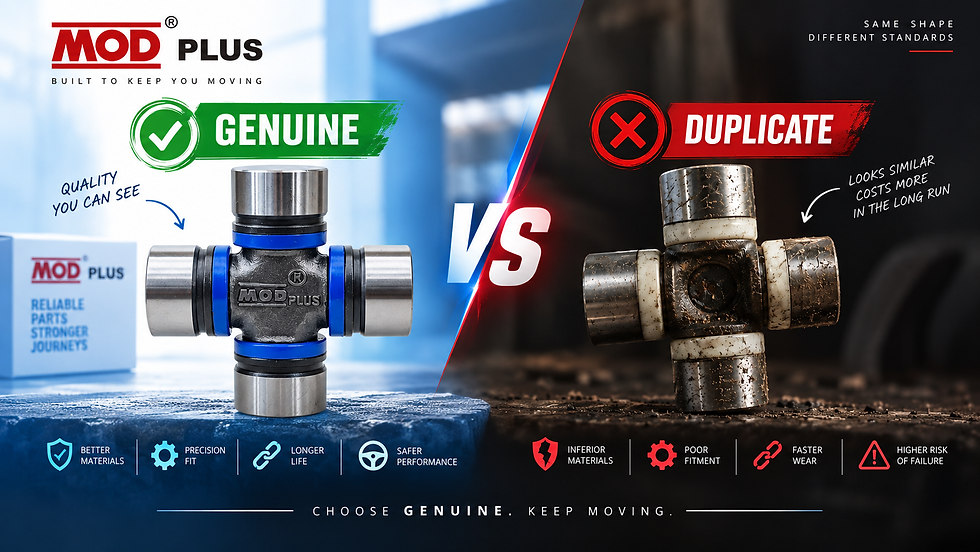 MOD PLUS ad showing genuine metal part vs rusty duplicate, split blue-white and black-red, with text Choose Genuine. Keep Moving.