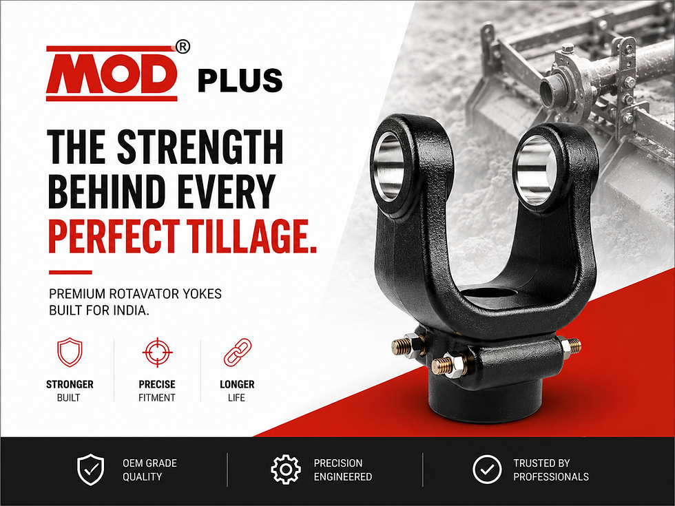 MOD PLUS with black rotavator yoke on white-red background, reading The Strength Behind Every Perfect Tillage.