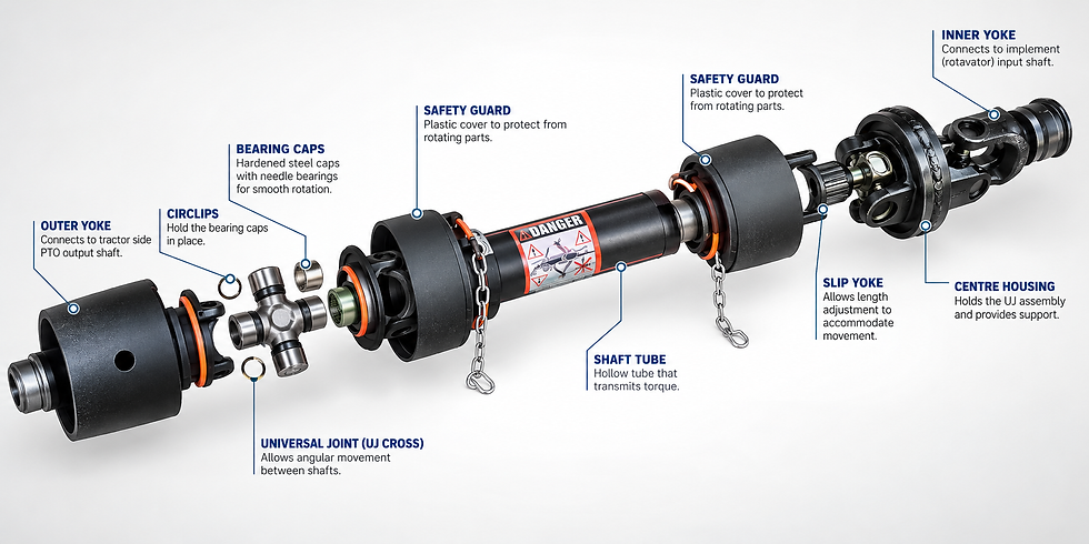 Annotated exploded diagram of a tractor PTO driveshaft with labeled parts on a white background.