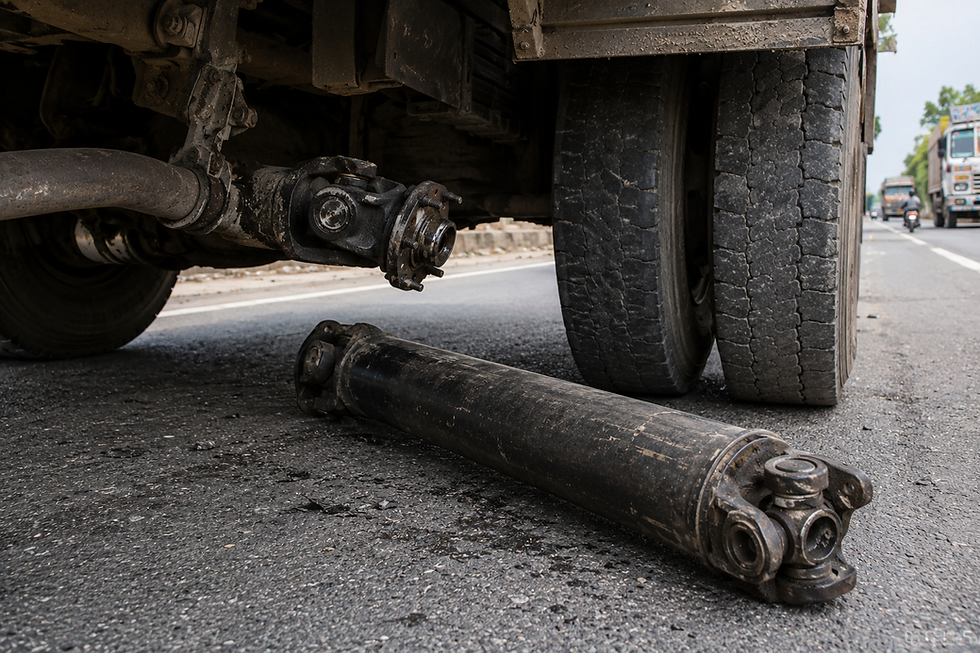 Broken truck driveshaft lies on asphalt beneath a heavy truck, with worn tires and traffic on the highway.