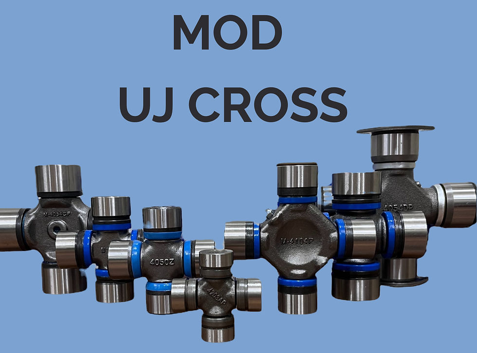 Universal joints with blue seals on a blue background, text "MOD UJ CROSS" above. Various part numbers visible on components.