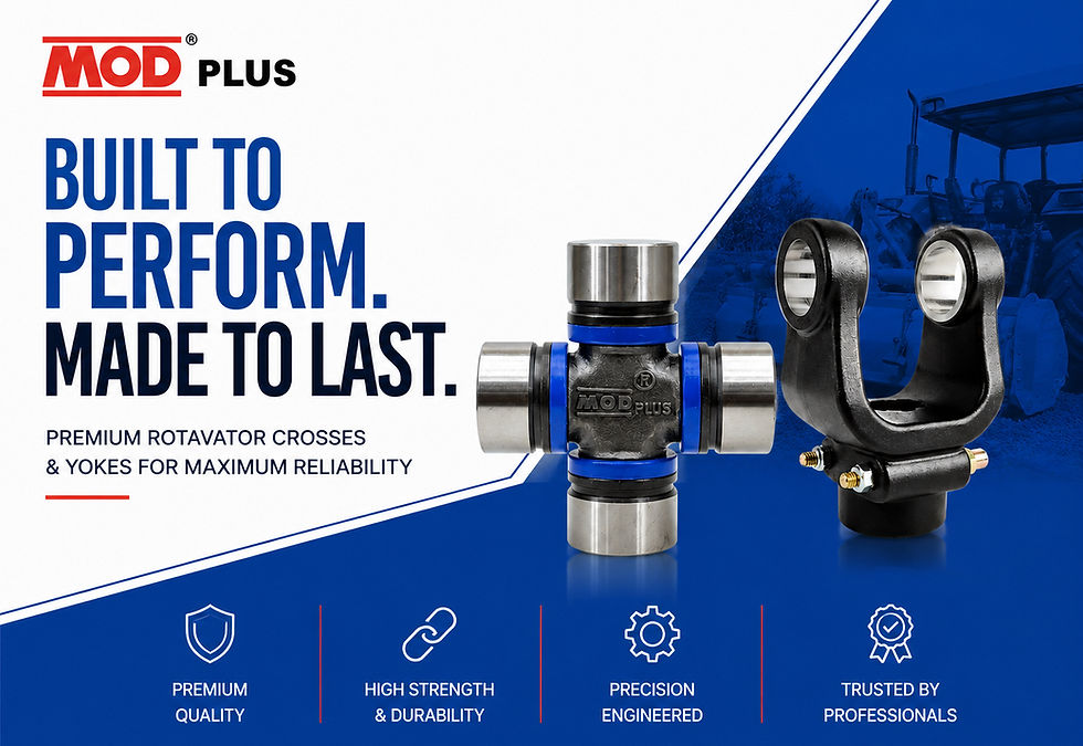 MOD PLUS Poster showing rotavator crosses and yoke parts on blue-white background with Built to Perform. Made to Last.
