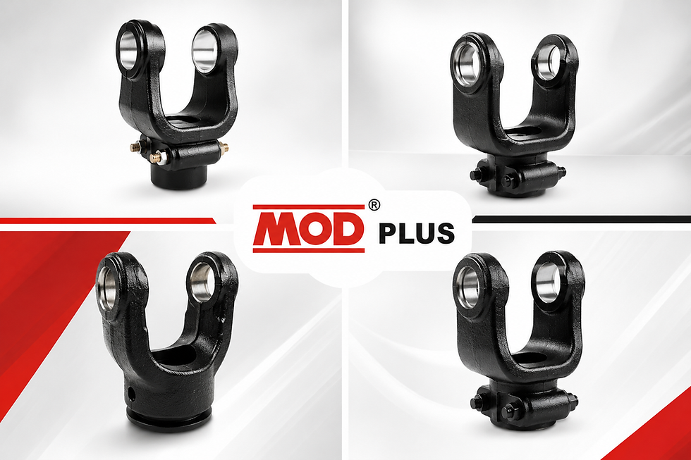 MOD rotavator yoke parts displayed around MOD PLUS logo on a white and red product graphic background