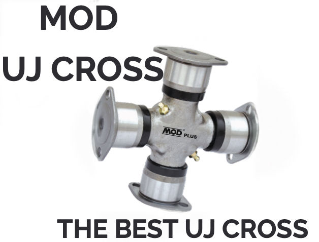 Metal UJ cross joint with "MOD PLUS" label, white background. Text reads "MOD UJ CROSS" and "THE BEST UJ CROSS" surrounding the joint.