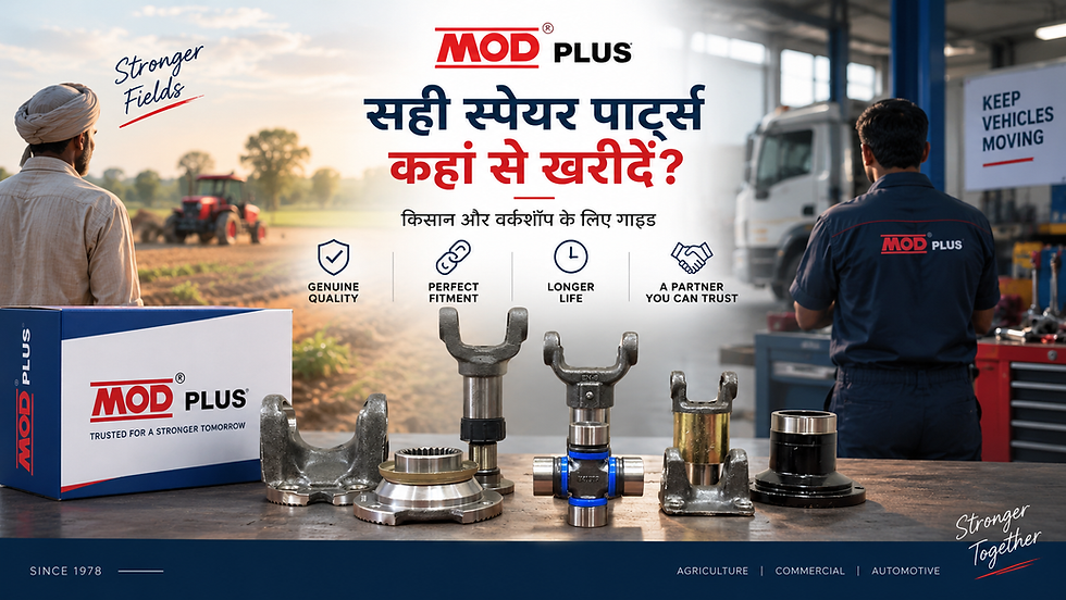 MOD PLUS ad with farmer and mechanic, tractor in field and workshop, product parts on table, Hindi text, Stronger Fields/Together