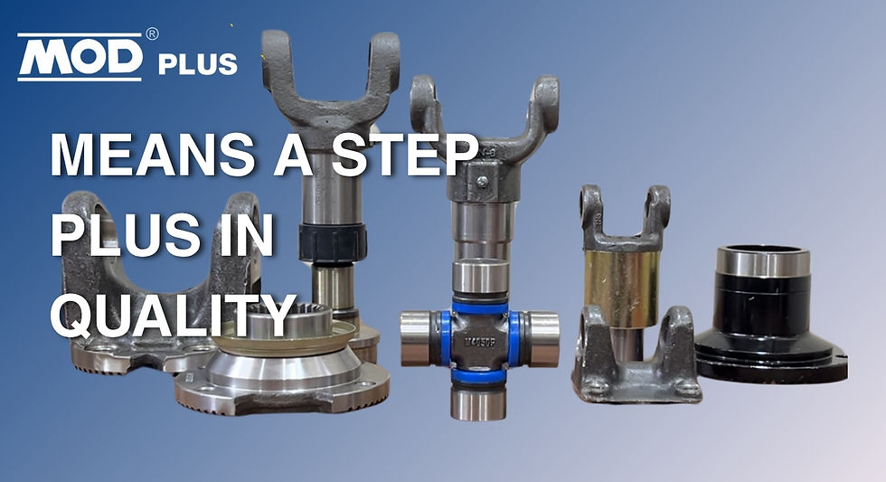 Metal automotive parts displayed on a gradient blue background. Text reads "MOD PLUS means a step plus in quality."
