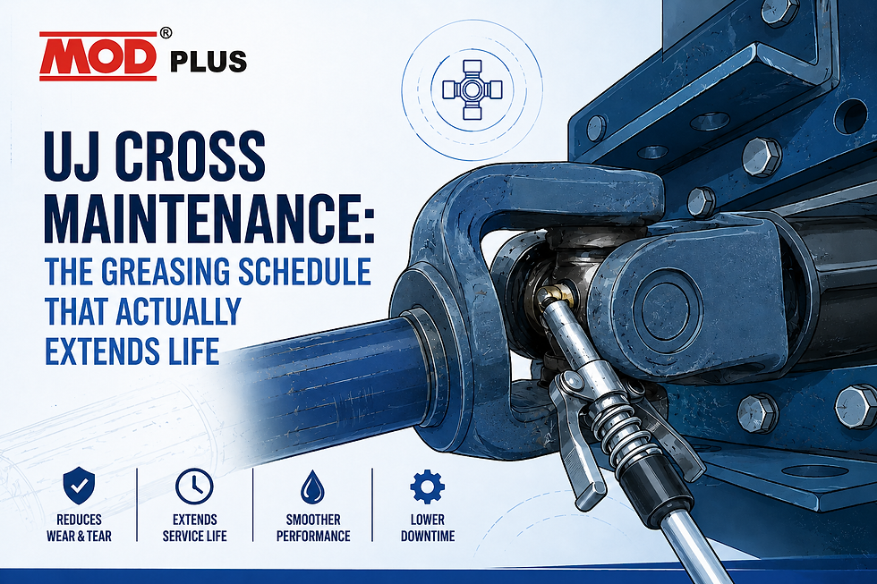 Promotional graphic of a blue tractor PTO joint being greased, with MOD PLUS logo and text about cross maintenance extending life.