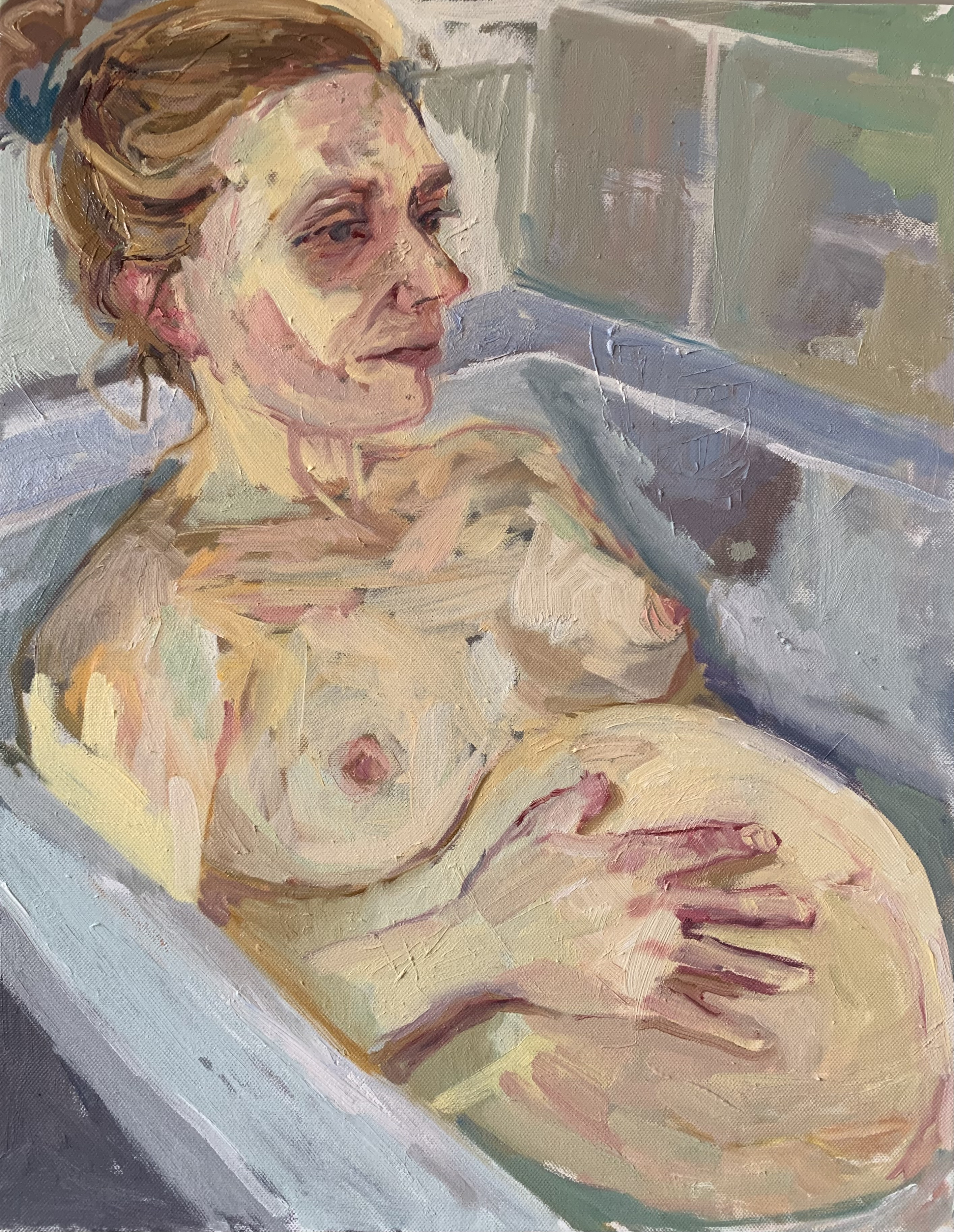 Oil Painting of Pregnant Woman in the bath by Rachel Mercer