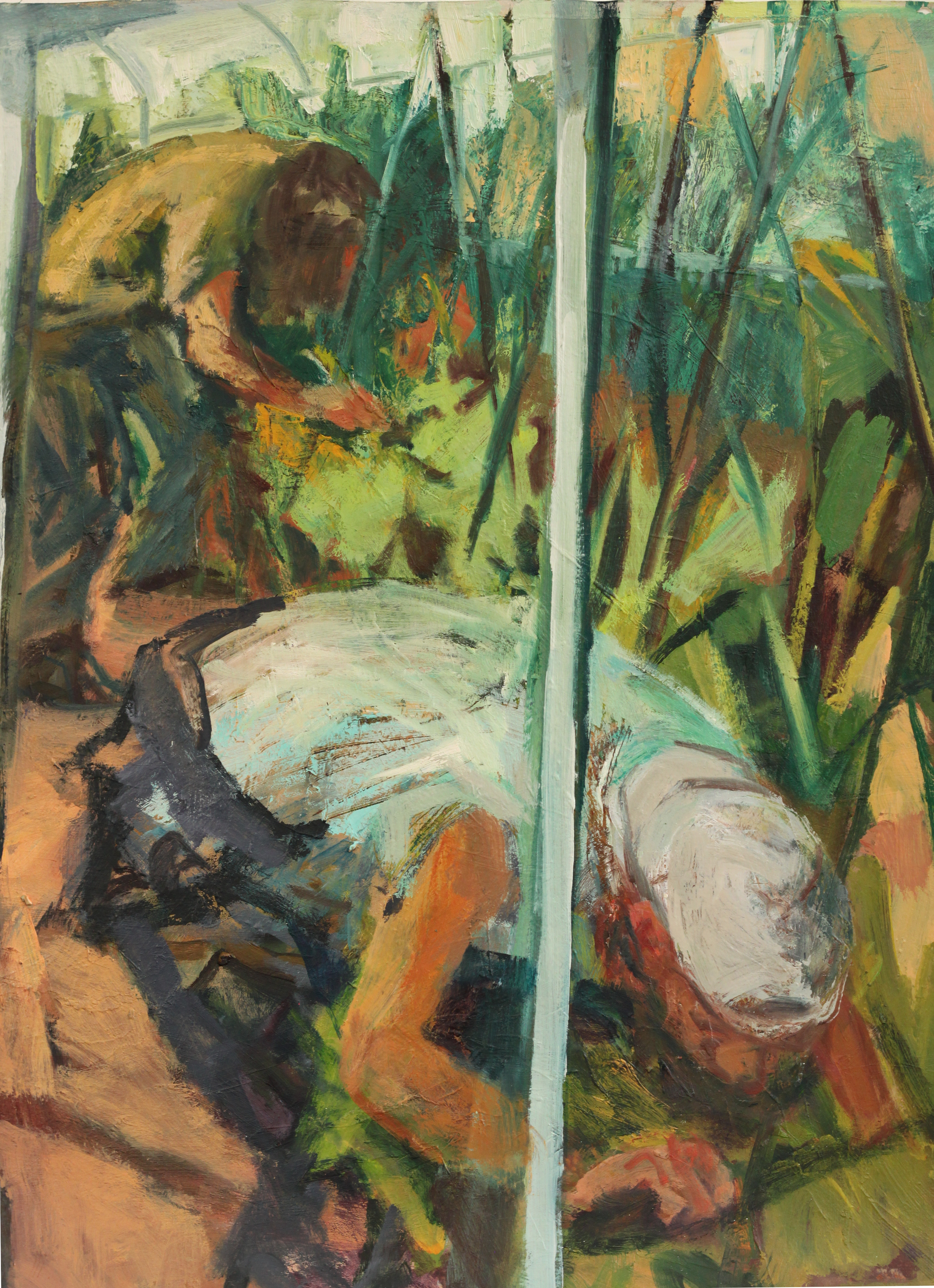 Oil Painting by Rachel Mercer. Polytunnel. Impression of Gardners at Harvest. 