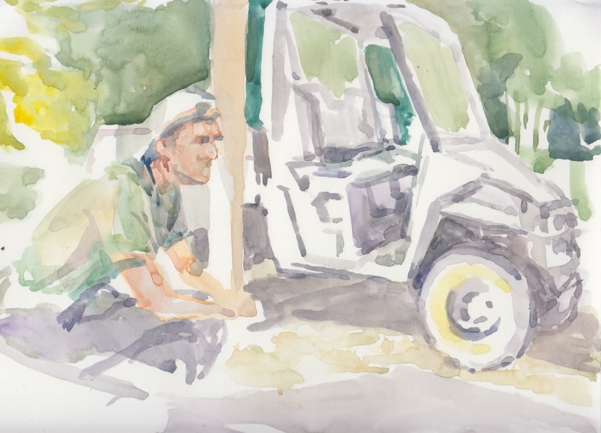 Watercolour of Man in front of farm vehicle by Rachel Mercer