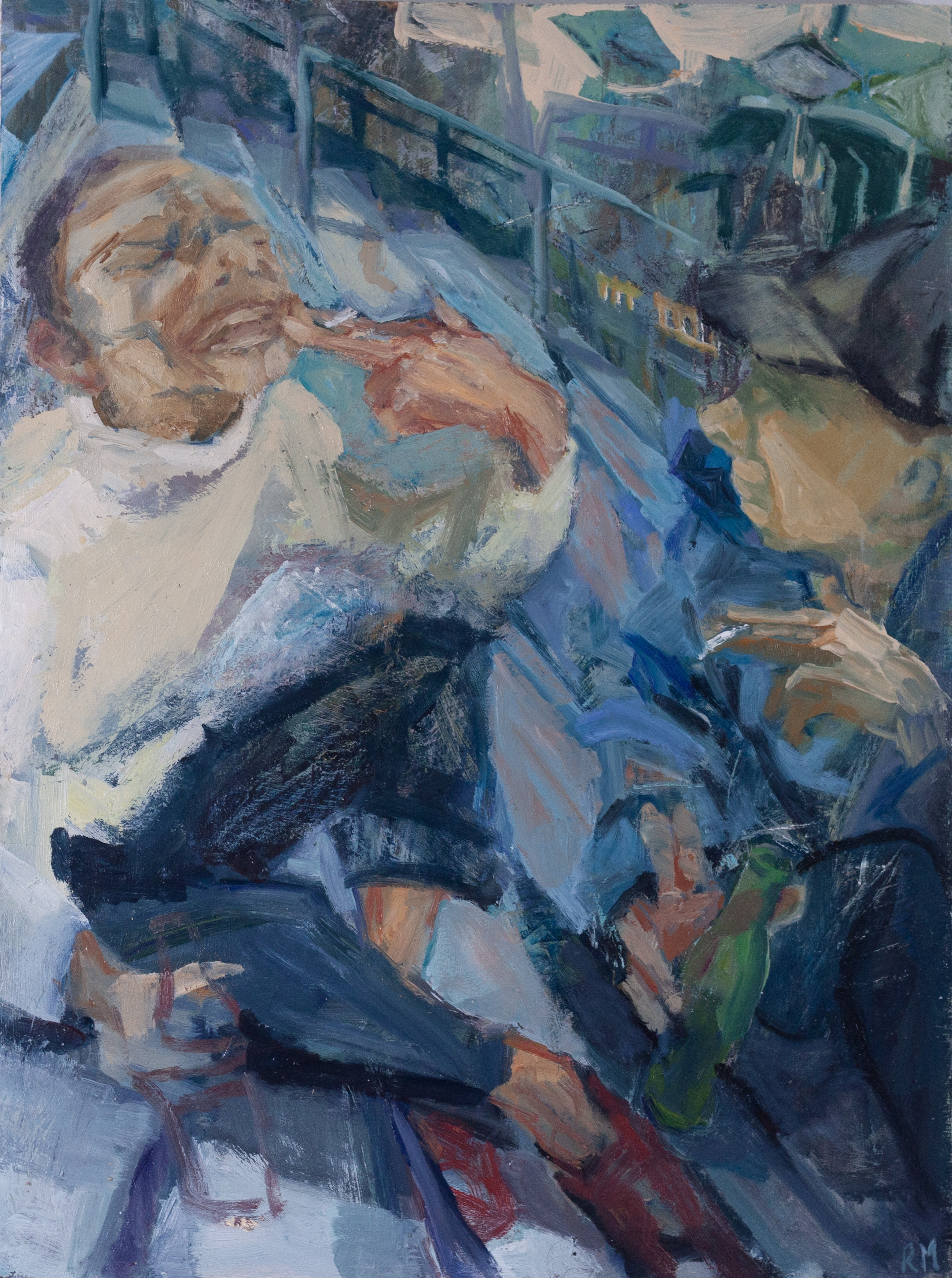 Men Sitting Drinking Beers, Painting, Oil Painting, Figurative, Expressionism, Shopping Centres 