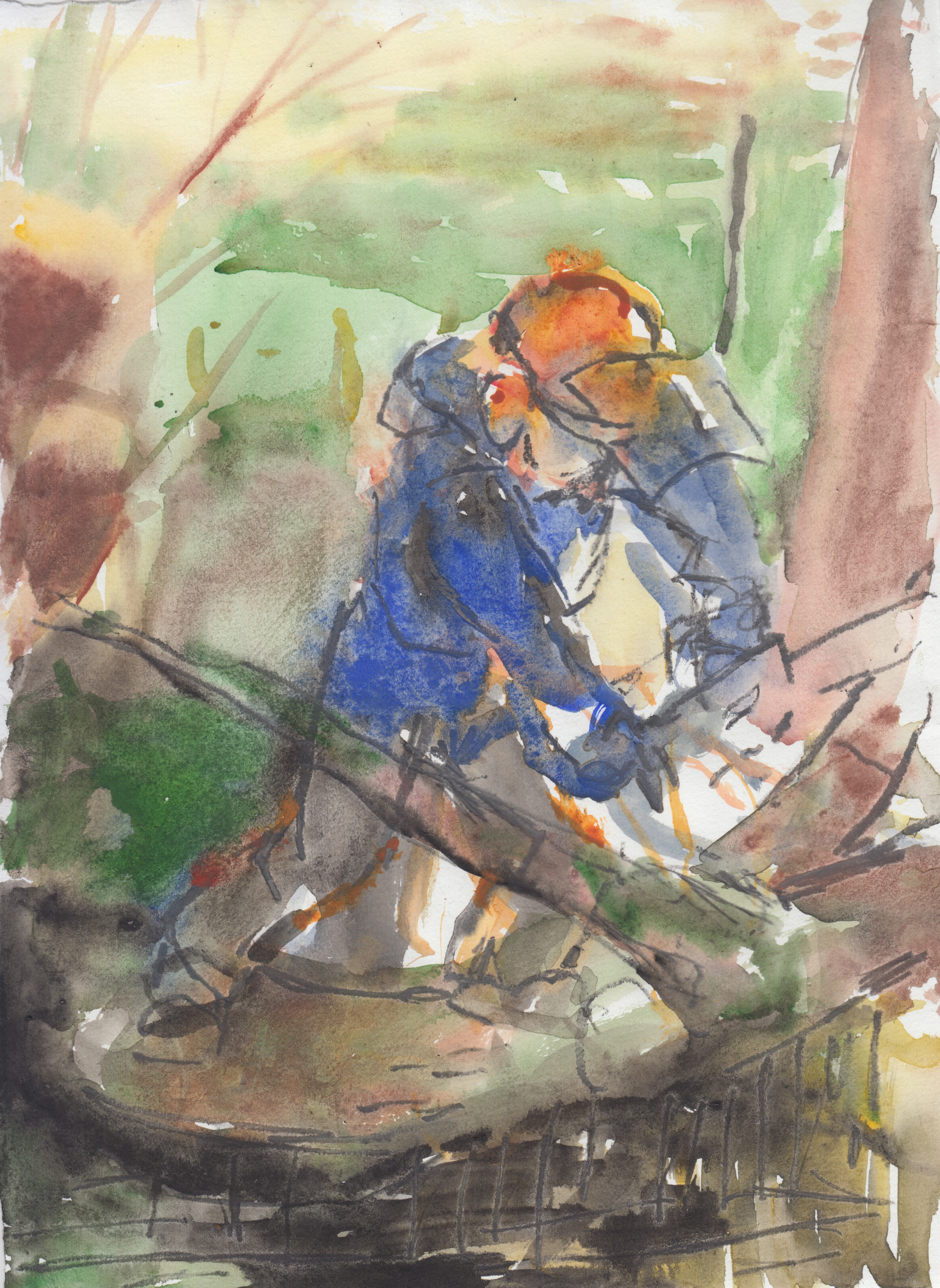 Watercolour of a man using a chainsaw by Rachel Mercer