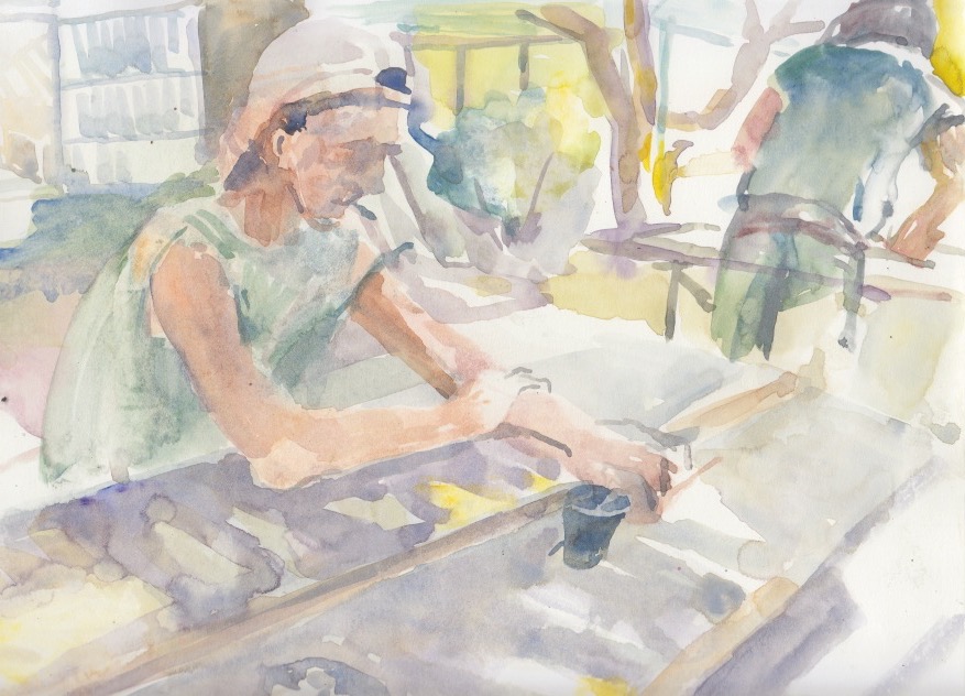 Watercolour of Man smoking in the shade by Rachel Mercer