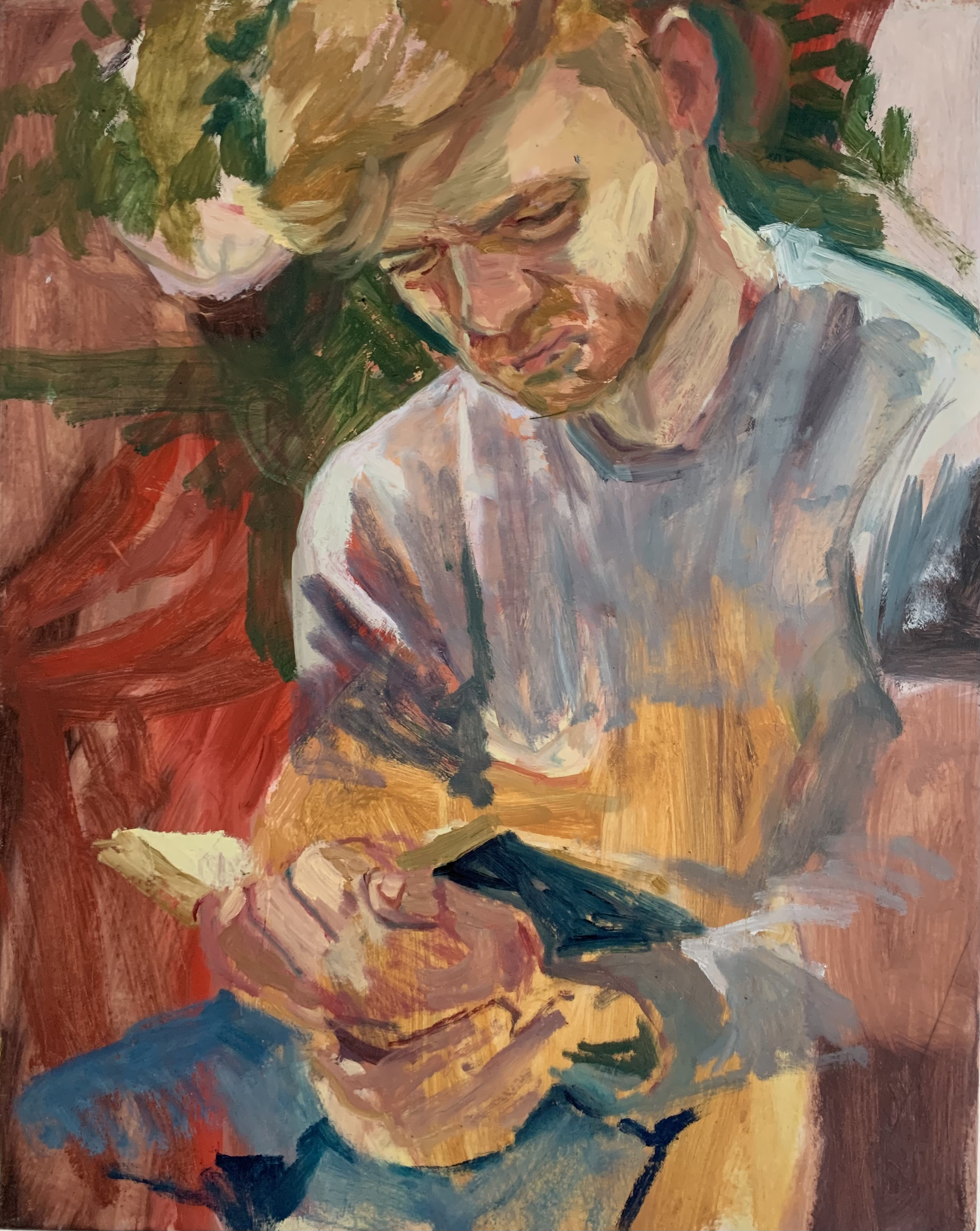 Oil painted portrait of man reading by Rachel Mercer