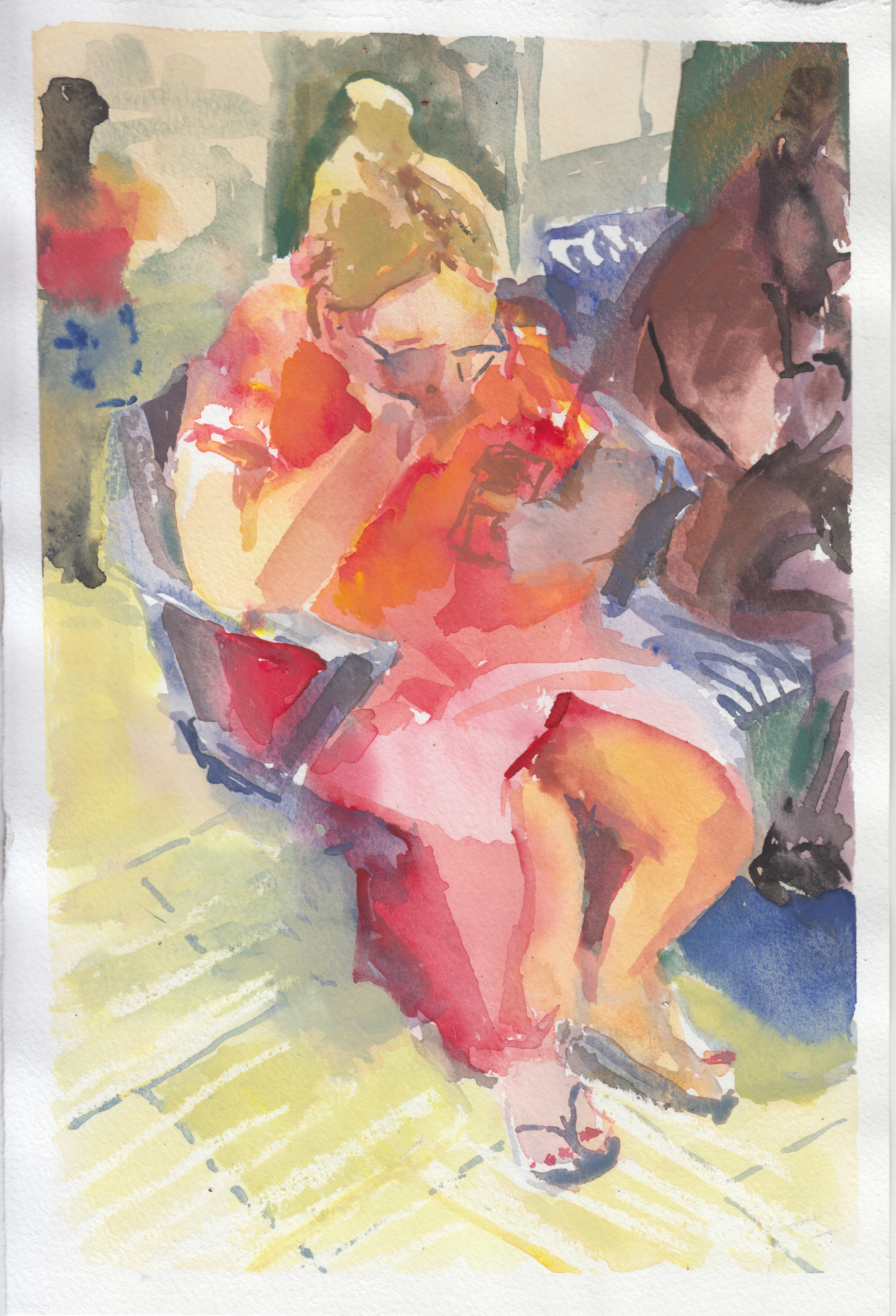 Figure on bench, Watercolour, contemporary, painting, drawing, Rachel Mercer, shopping centre, figures,