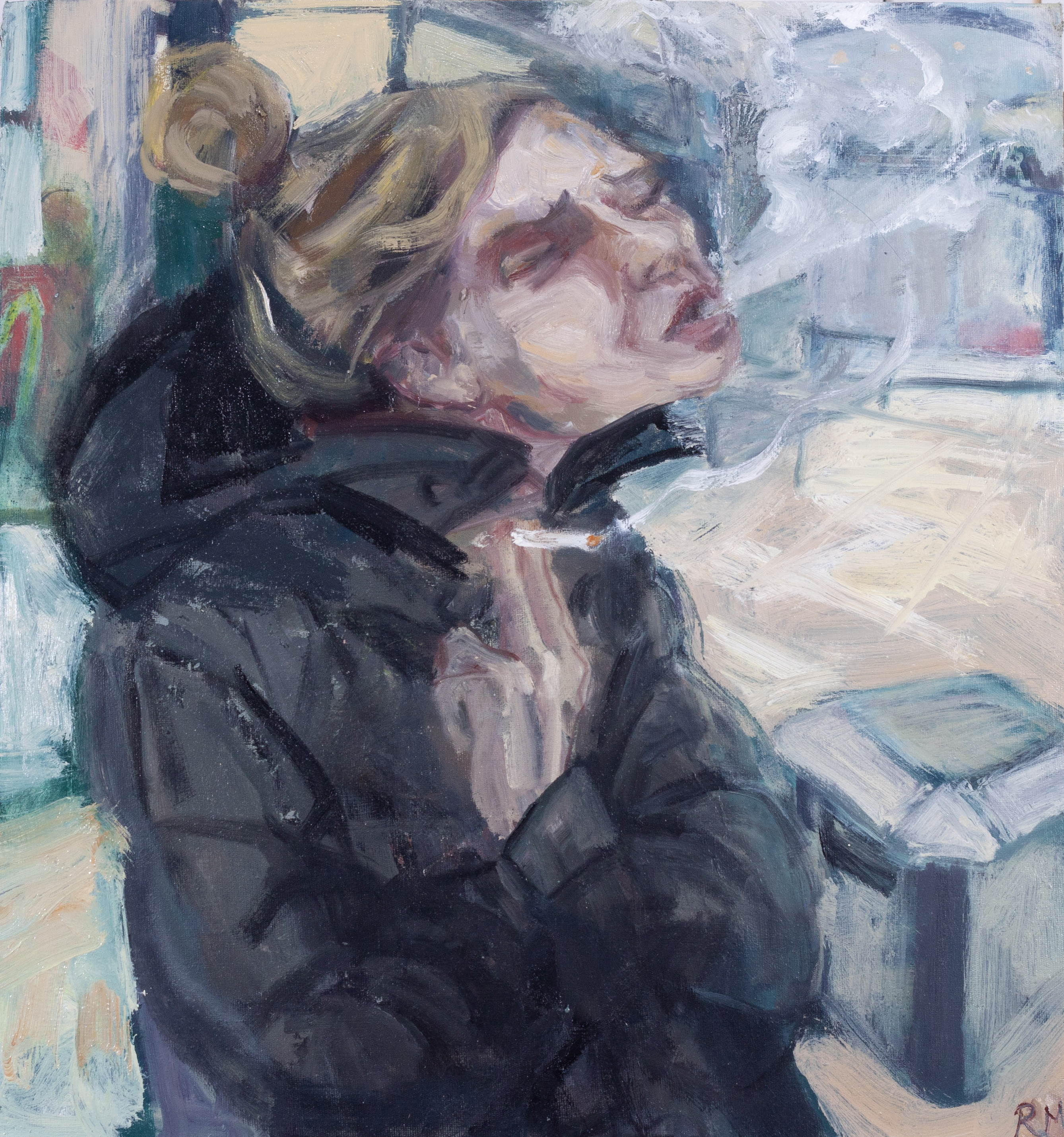 Painting, Figurative, Expressive, Woman Smoking a Cigarette 