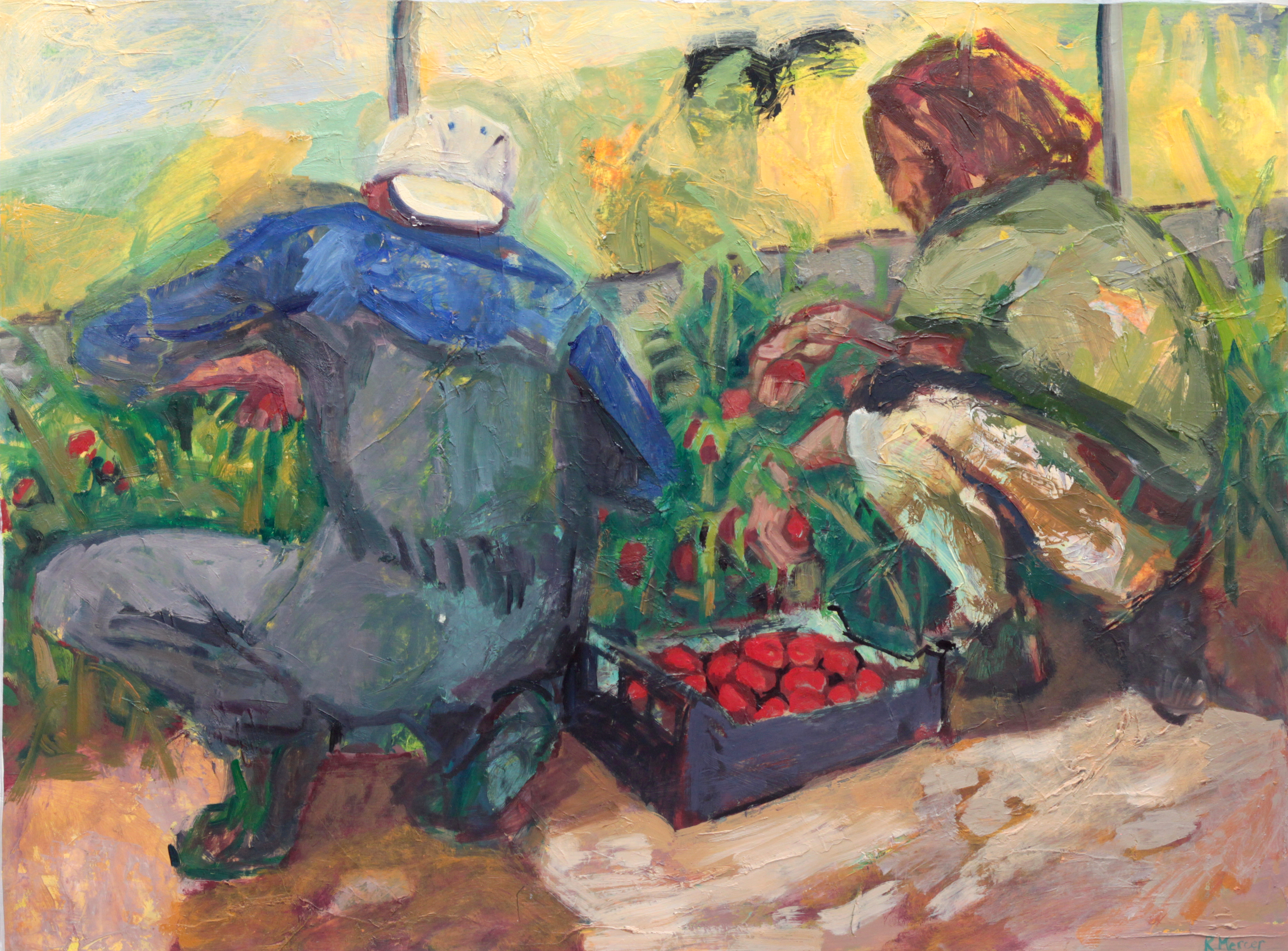 Oil Painting of Two men picking tomatoes by Rachel Mercer