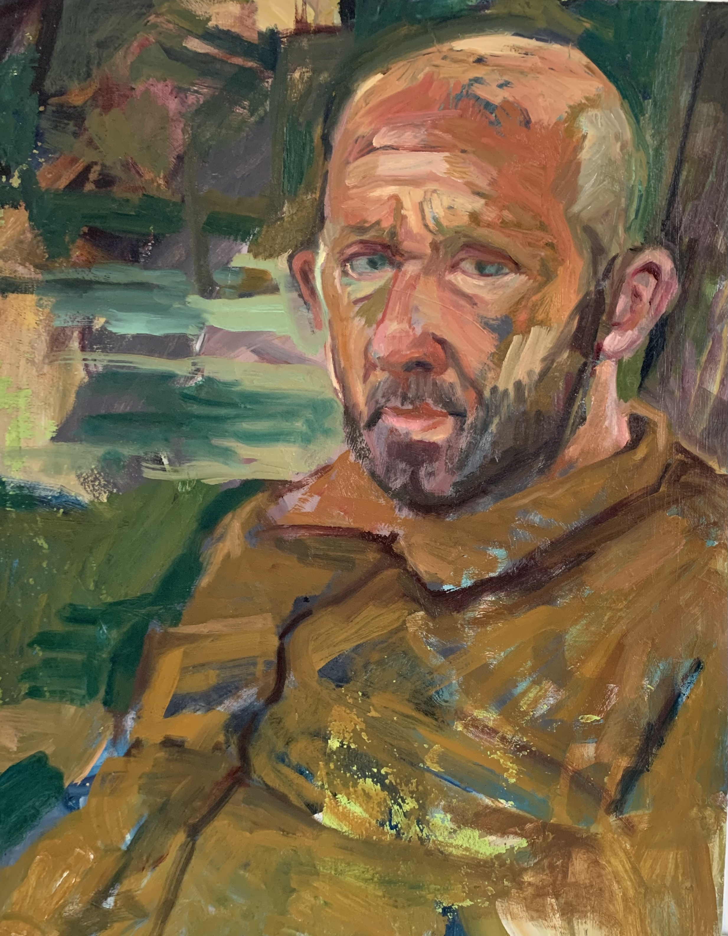 Oil painting portrait of man in park by Rachel Mercer