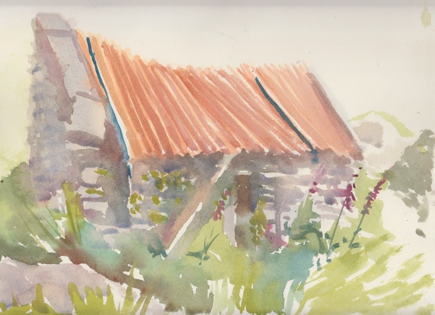 Watercolour of Abandoned house with corrugated iron roof by Rachel Mercer