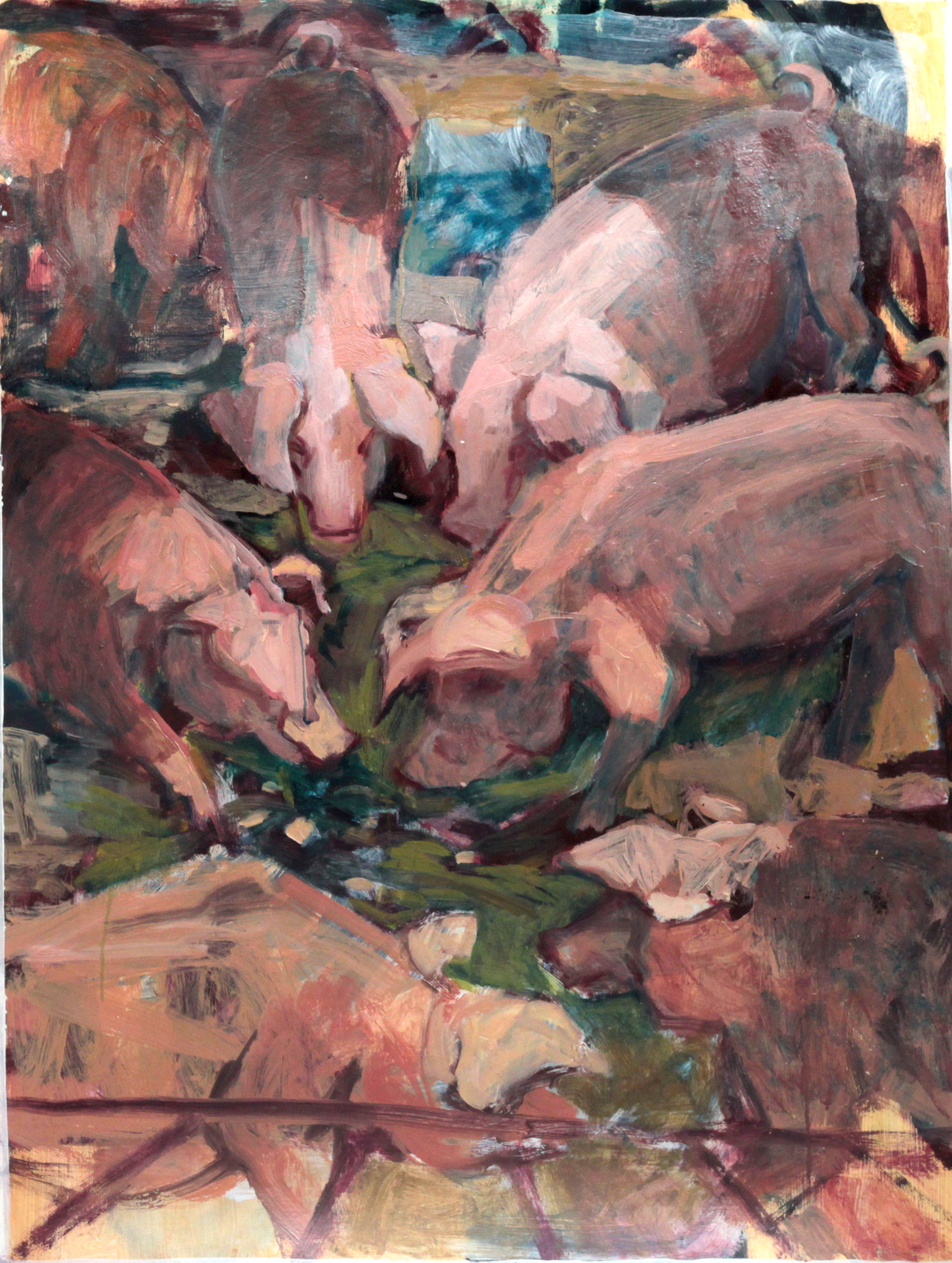 Oil Painting of Pigs eating by Rachel Rachel Mercer