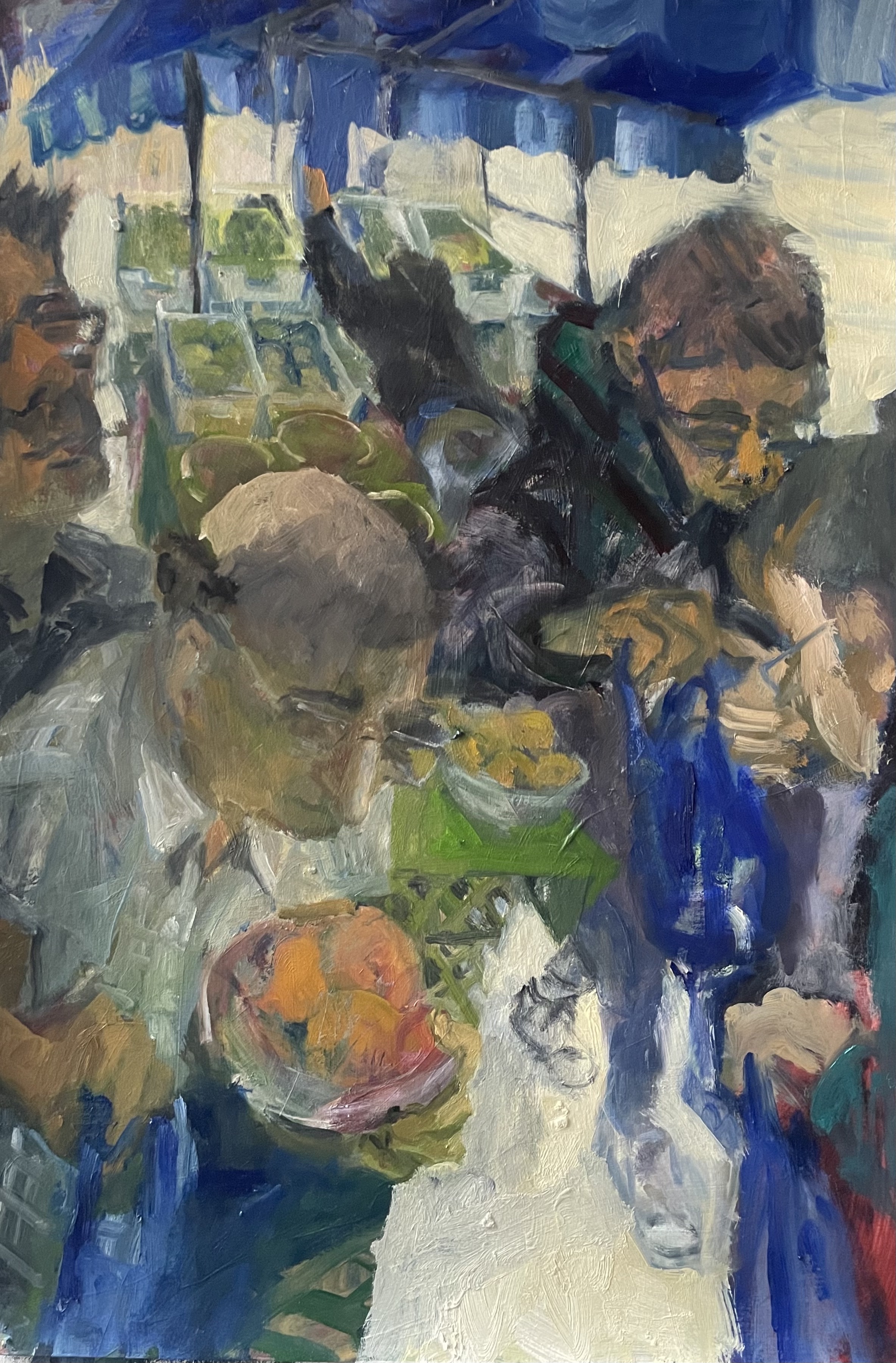 Stratford shopping centre, oil painting, figurative painting, contemporary painting, figures in action, moving figures, painterly, marketplace 