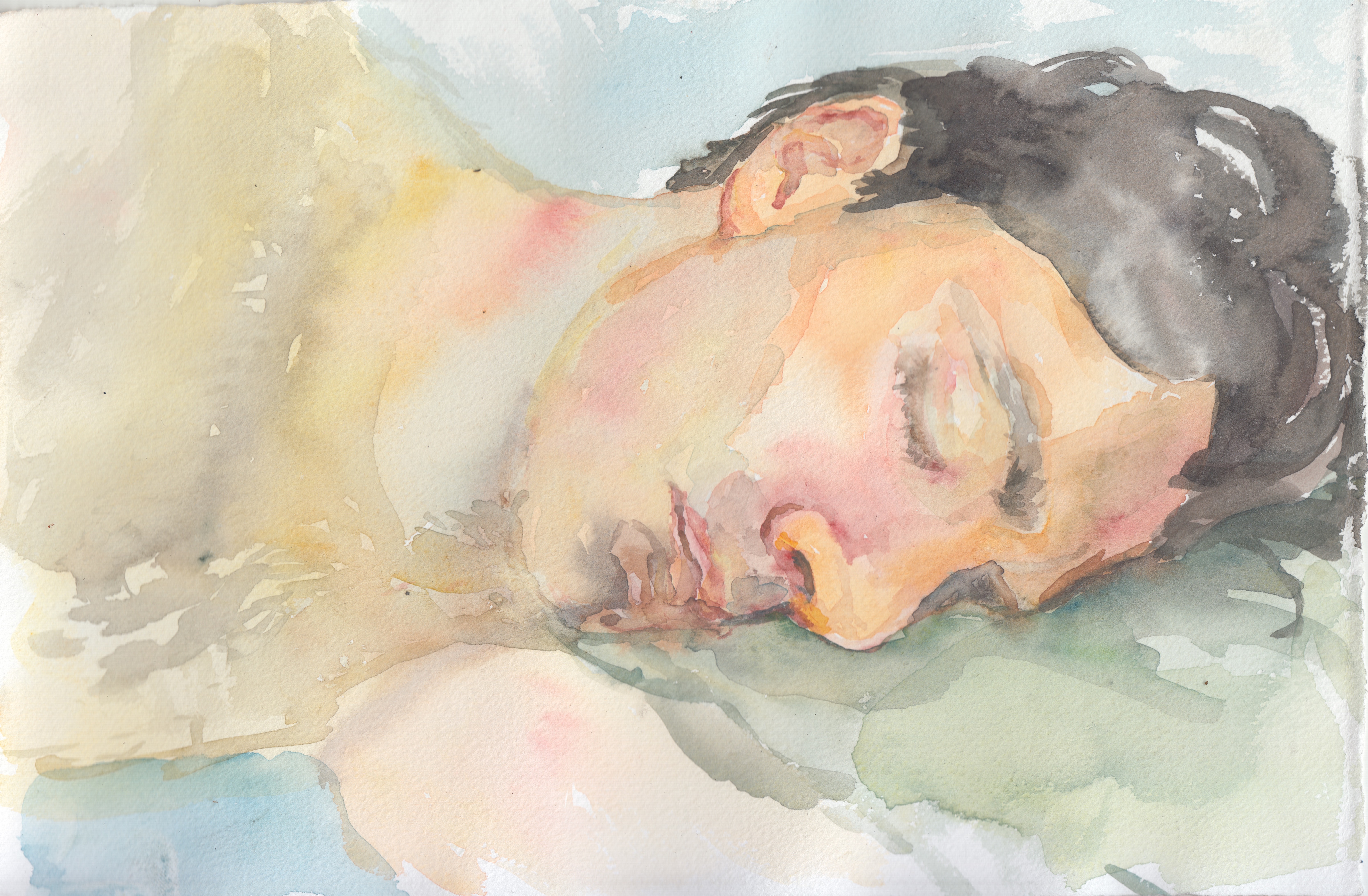Sleeping figure, Watercolour, contemporary, painting, drawing, Rachel Mercer, shopping centre, figures,