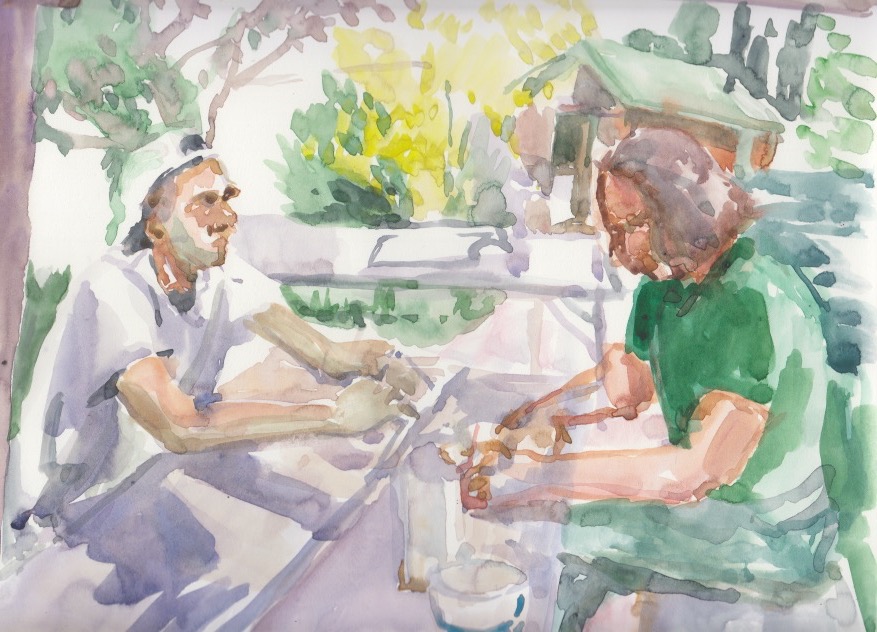 Watercolour of two men on a coffee break by Rachel Mercer
