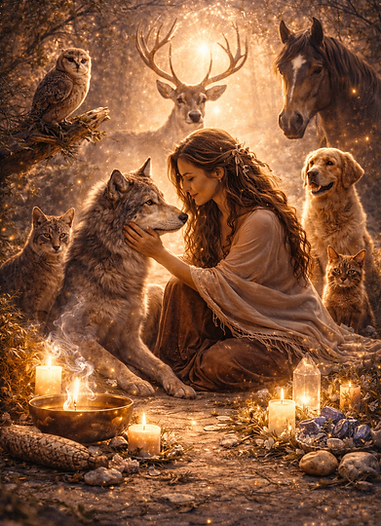 Connexion profonde entre un humain et un animal dans un travail de communication animale et de lien sensible 