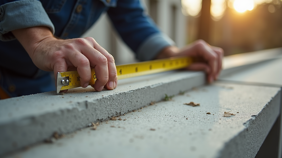 Close-up view of concrete lintel being measured for replacement