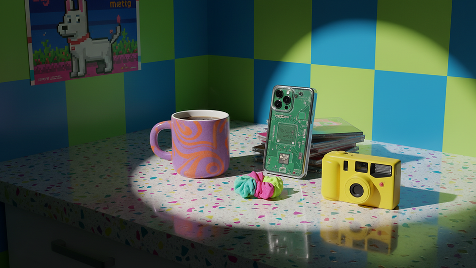 Eye-level view of a stylish kitchen counter with a coffee cup and a smartphone