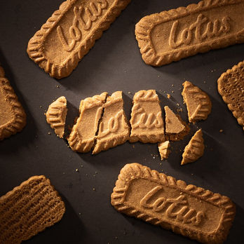 Biscuit shot with focus on crumbled edges and golden baked texture in natural studio light