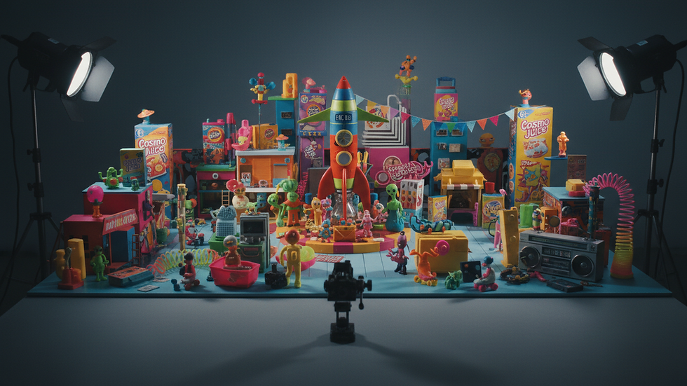 Eye-level view of a miniature set with product models arranged for stop motion filming