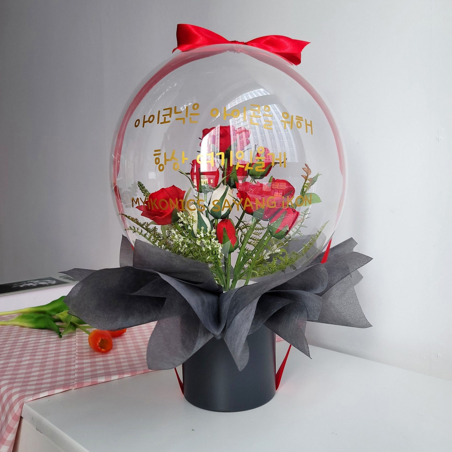 Red Roses with Black Deco Balloon