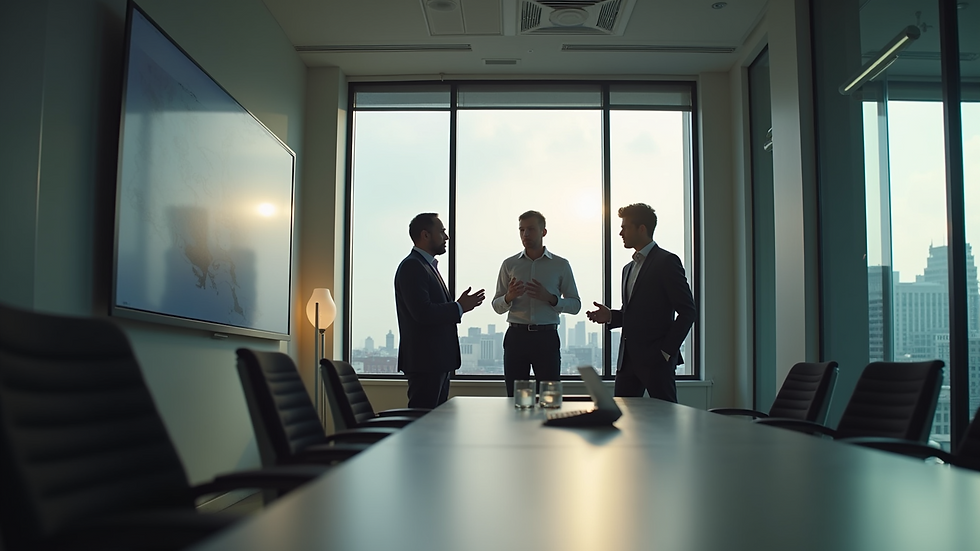 Eye-level view of a professional discussing strategy with a client overlooking a workspace