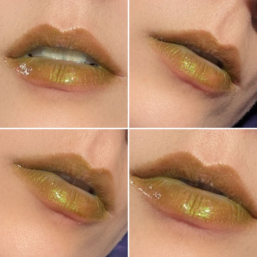 Four close-up shots of lips wearing golden gloss Bruised Plum - Mauve Muted Purple Gloss.