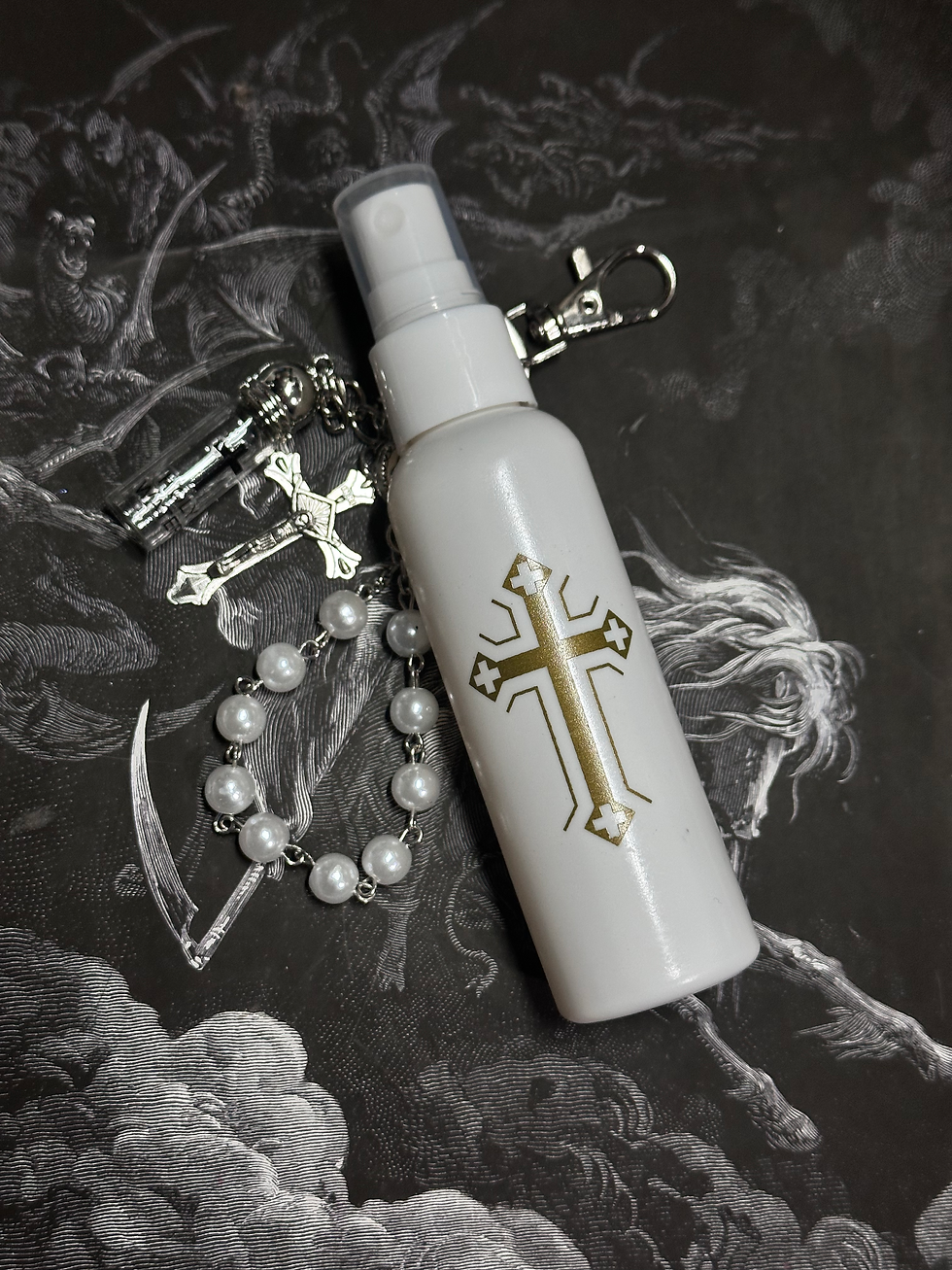 Thumbnail: White spray bottle with cross, rosary, and background of a Grim Reaper.