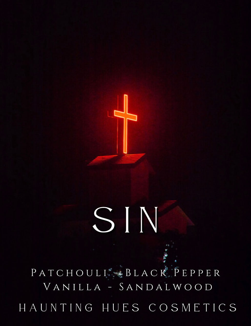 Neon cross atop building, SIN, Patchouli, Black Pepper, Vanilla, Sandalwood