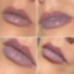Thumbnail: Four close-up shots of glossy lips with light purple lipstick
