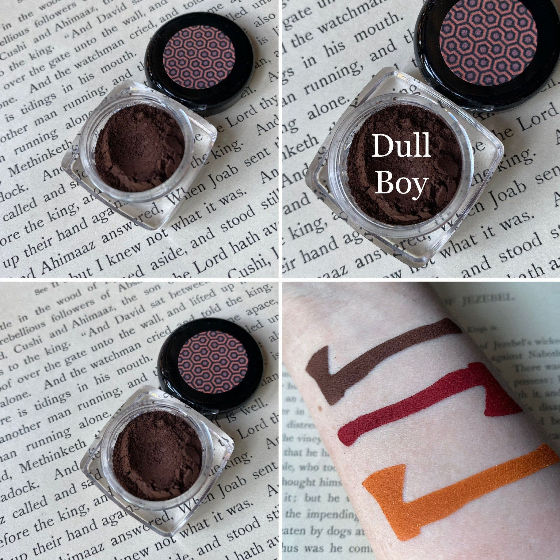 Dull Boy, eyeshadow product with shades, Gaunt - Casket Contour Powder - Rice Powder, swatches on skin.
