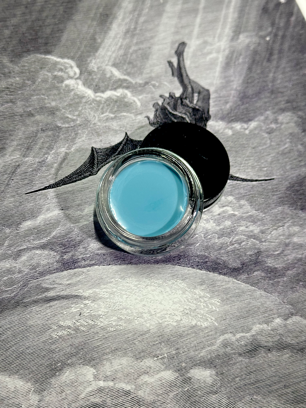 Thumbnail: Jar of blue serum, Mourning Serum - 7% Copper Tripeptide and Hyaluronic Acid, art background.