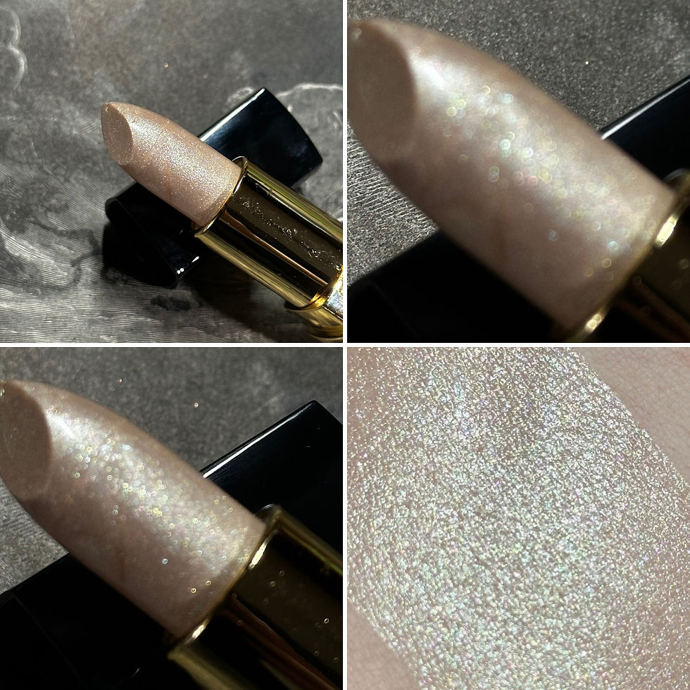 Thumbnail: Four-part lipstick product shot with Bruised Plum - Mauve Muted Purple Gloss.