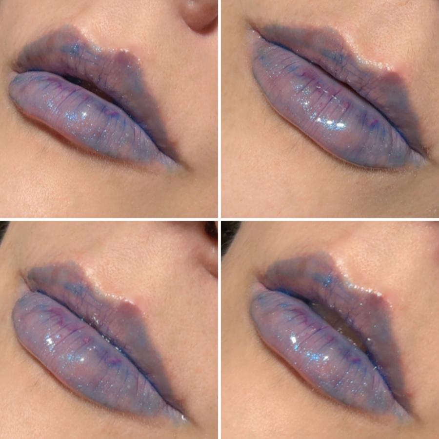 Four close-up views of lips with blue lipstick, shimmering effect.